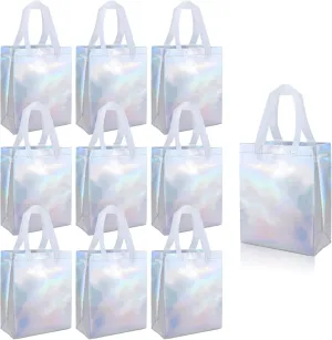 10 Pack Holographic Gift Bags With White Handles Non Woven Reusable Handled Gift Bags Iridescent Tote Bags Glossy Welcome Bags for Shopping Birthday Party Wedding, 8 x 4 x 10 Inch