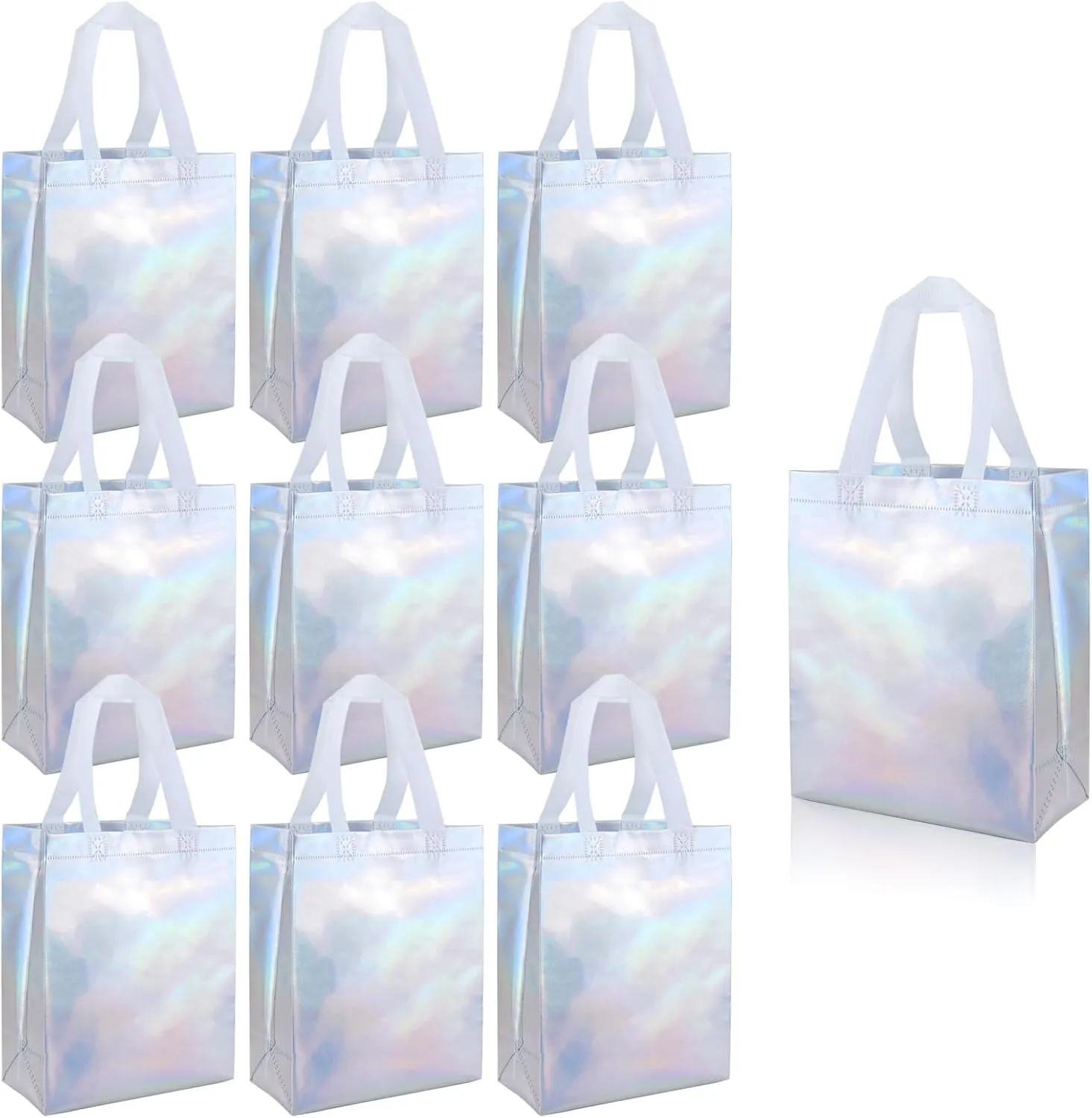10 Pack Holographic Gift Bags With White Handles Non Woven Reusable Handled Gift Bags Iridescent Tote Bags Glossy Welcome Bags for Shopping Birthday Party Wedding, 8 x 4 x 10 Inch