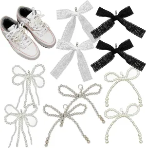 10 Pairs Elegant Pearls Lace Bow Shoe Charms for Sneakers - Pearl Beaded Chain Bowknot Buckle DIY Shoe Lace Accessories for Women, Wedding, Party, and Everyday Decorations