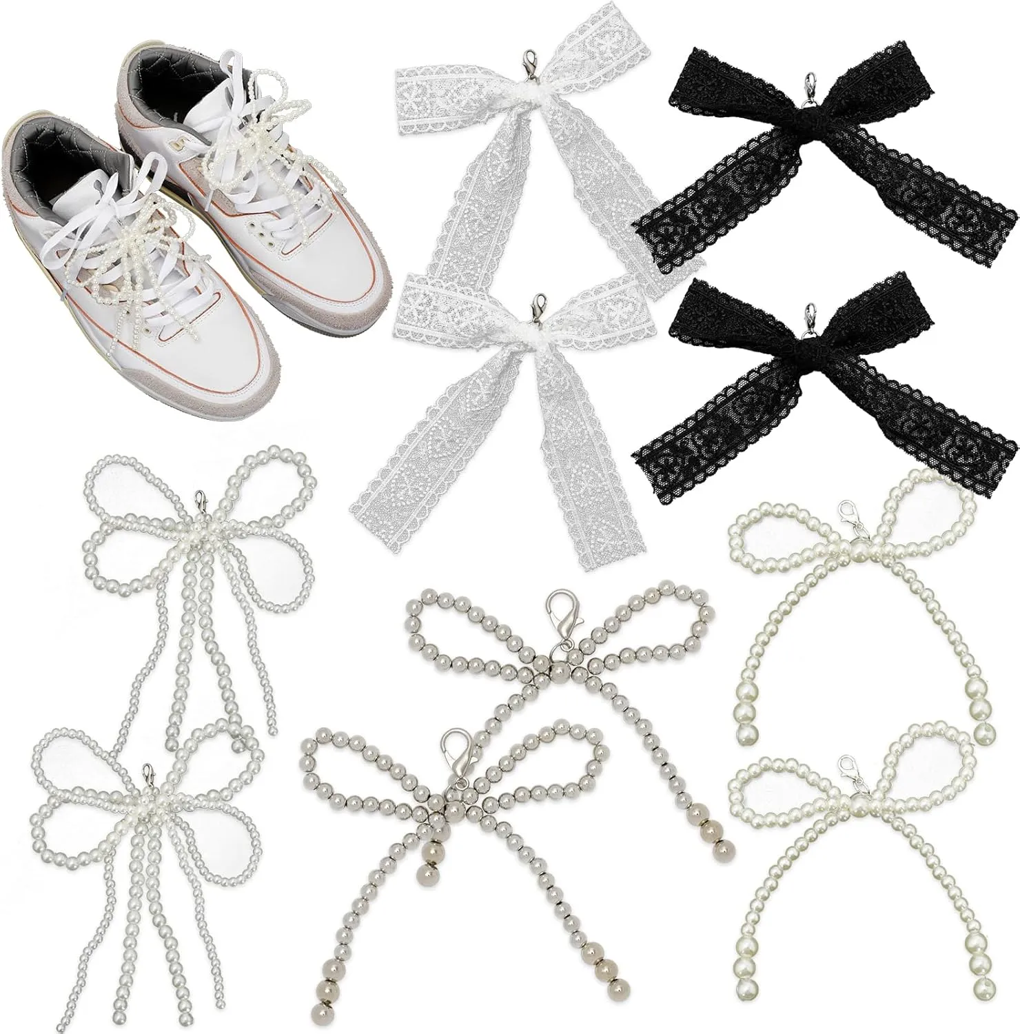 10 Pairs Elegant Pearls Lace Bow Shoe Charms for Sneakers - Pearl Beaded Chain Bowknot Buckle DIY Shoe Lace Accessories for Women, Wedding, Party, and Everyday Decorations