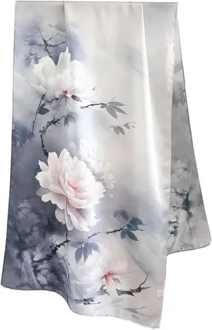 100% Mulberry Silk Scarfs for Women Floral Print Satin Long Scarf for Headscarf Hair Wraps Shawl with Gift Packed