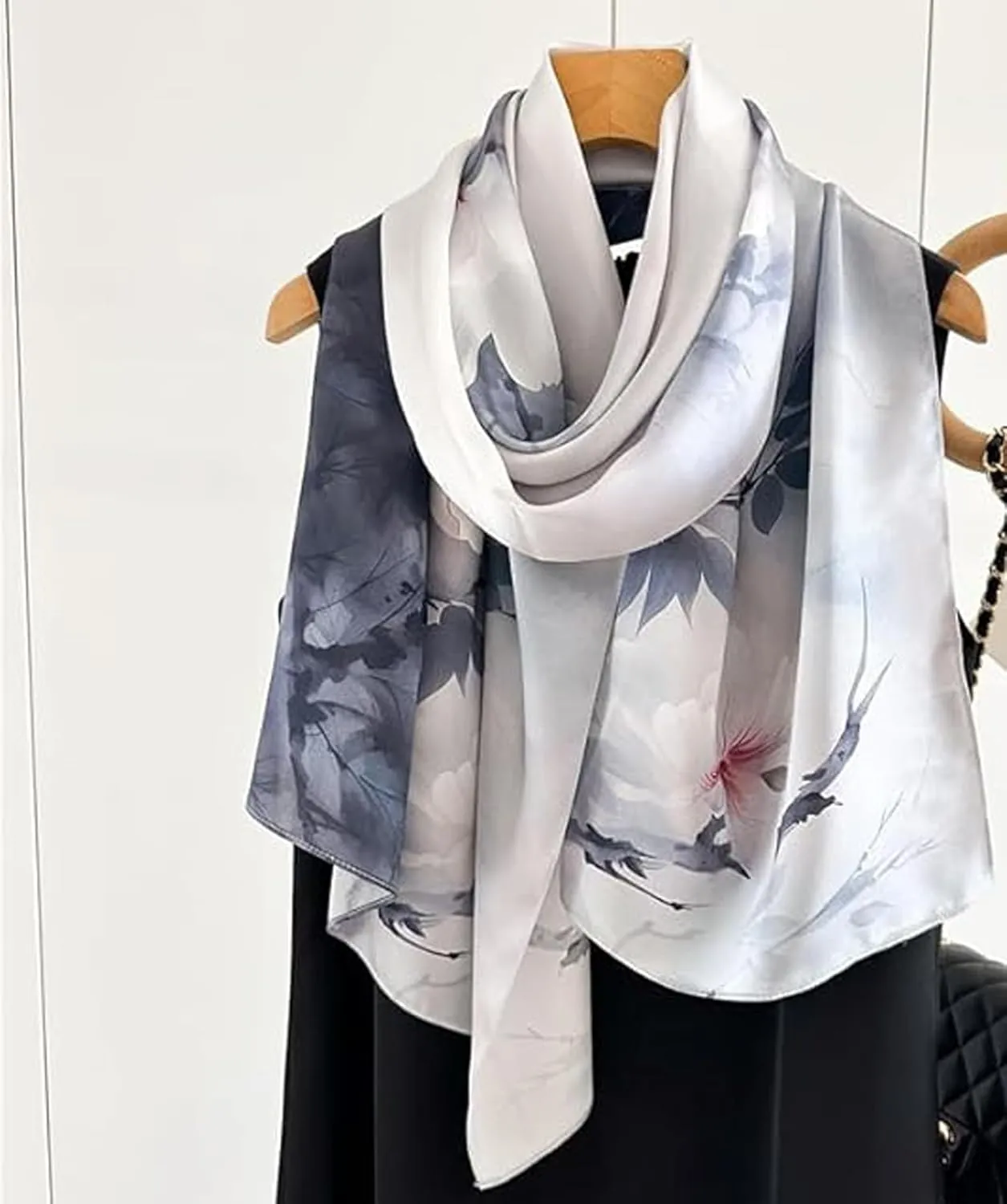 100% Mulberry Silk Scarfs for Women Floral Print Satin Long Scarf for Headscarf Hair Wraps Shawl with Gift Packed