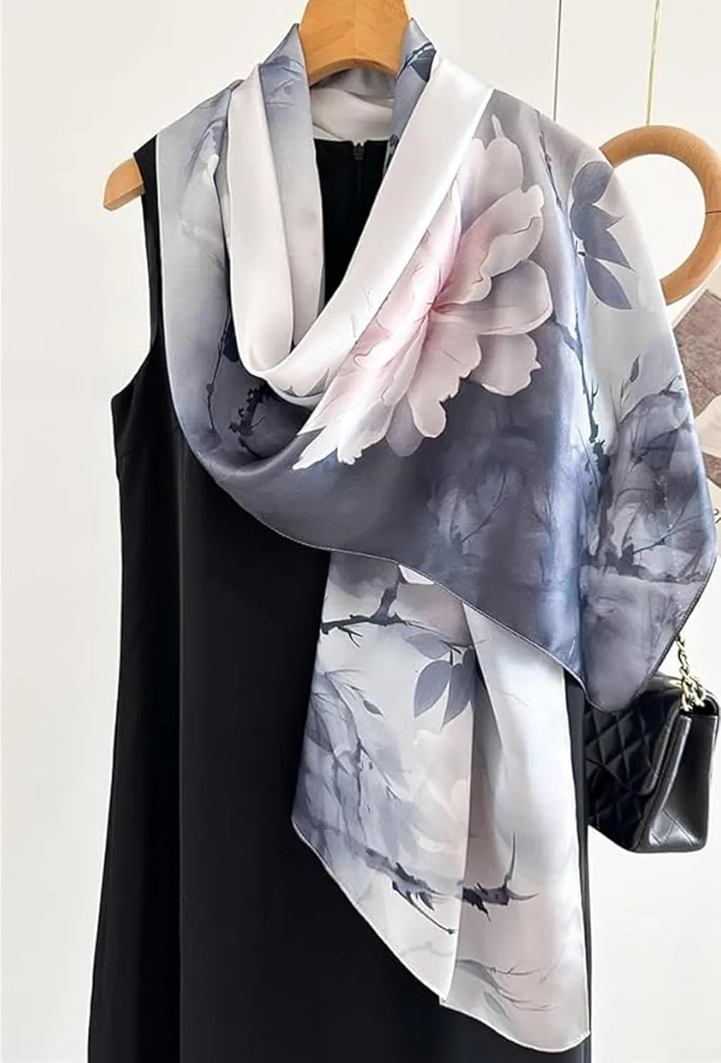 100% Mulberry Silk Scarfs for Women Floral Print Satin Long Scarf for Headscarf Hair Wraps Shawl with Gift Packed