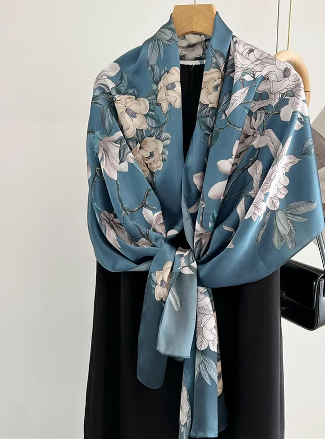 100% Mulberry Silk Scarfs for Women Floral Print Satin Long Scarf for Headscarf Hair Wraps Shawl with Gift Packed