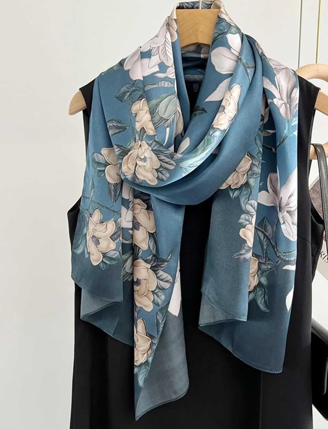 100% Mulberry Silk Scarfs for Women Floral Print Satin Long Scarf for Headscarf Hair Wraps Shawl with Gift Packed