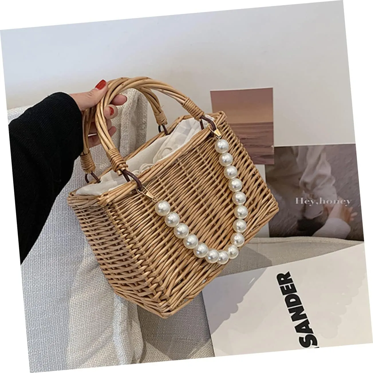 1pc Pearl Handbag Tote for Women Ladies Purses Basket Wicker Summer Basket Purse for Women Sash Bags for