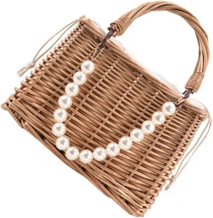 1pc Pearl Handbag Tote for Women Ladies Purses Basket Wicker Summer Basket Purse for Women Sash Bags for