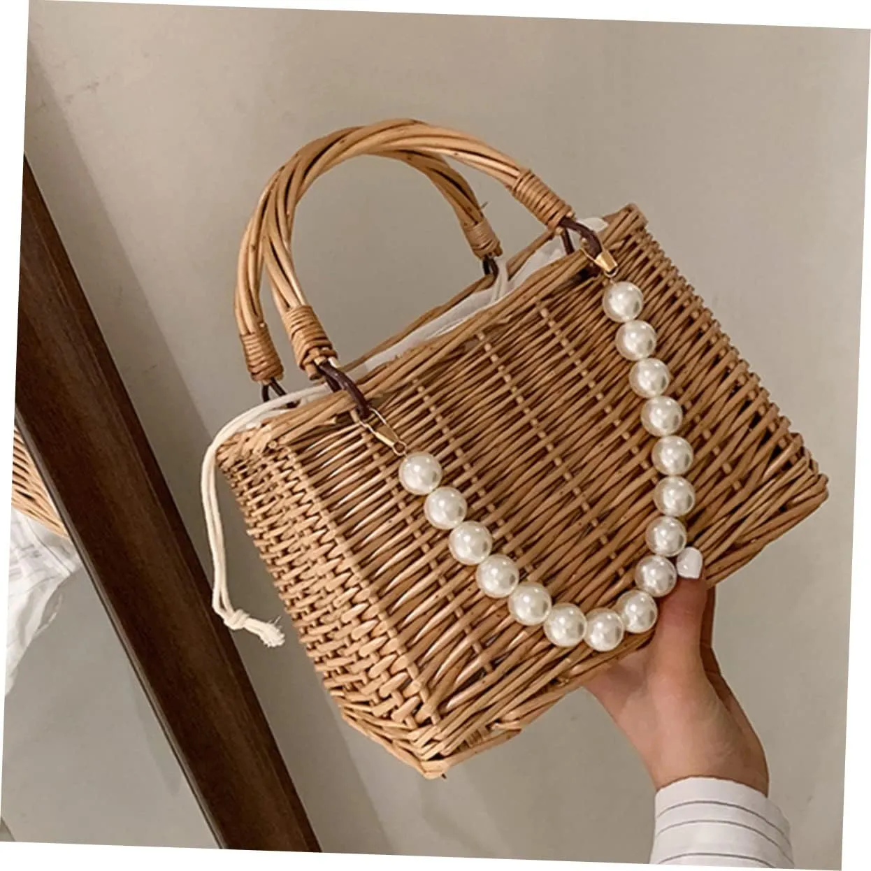 1pc Pearl Handbag Tote for Women Ladies Purses Basket Wicker Summer Basket Purse for Women Sash Bags for