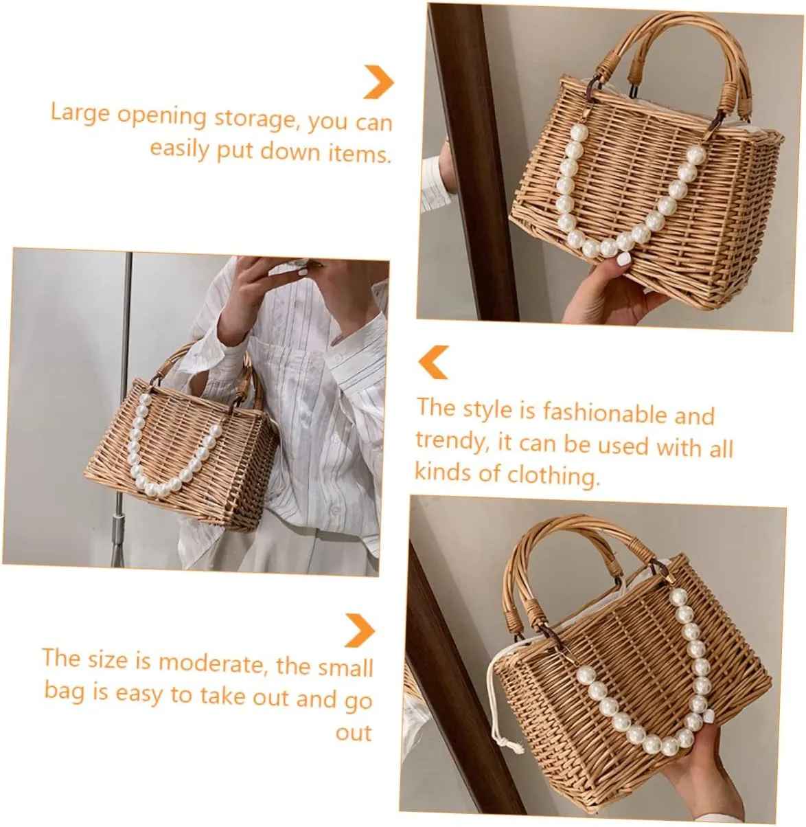 1pc Pearl Handbag Tote for Women Ladies Purses Basket Wicker Summer Basket Purse for Women Sash Bags for
