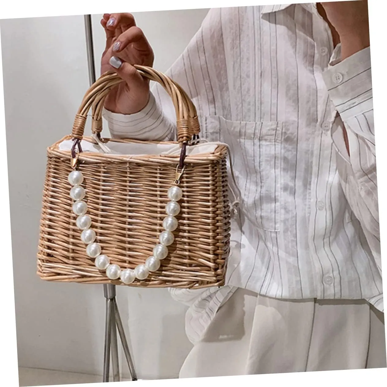 1pc Pearl Handbag Tote for Women Ladies Purses Basket Wicker Summer Basket Purse for Women Sash Bags for