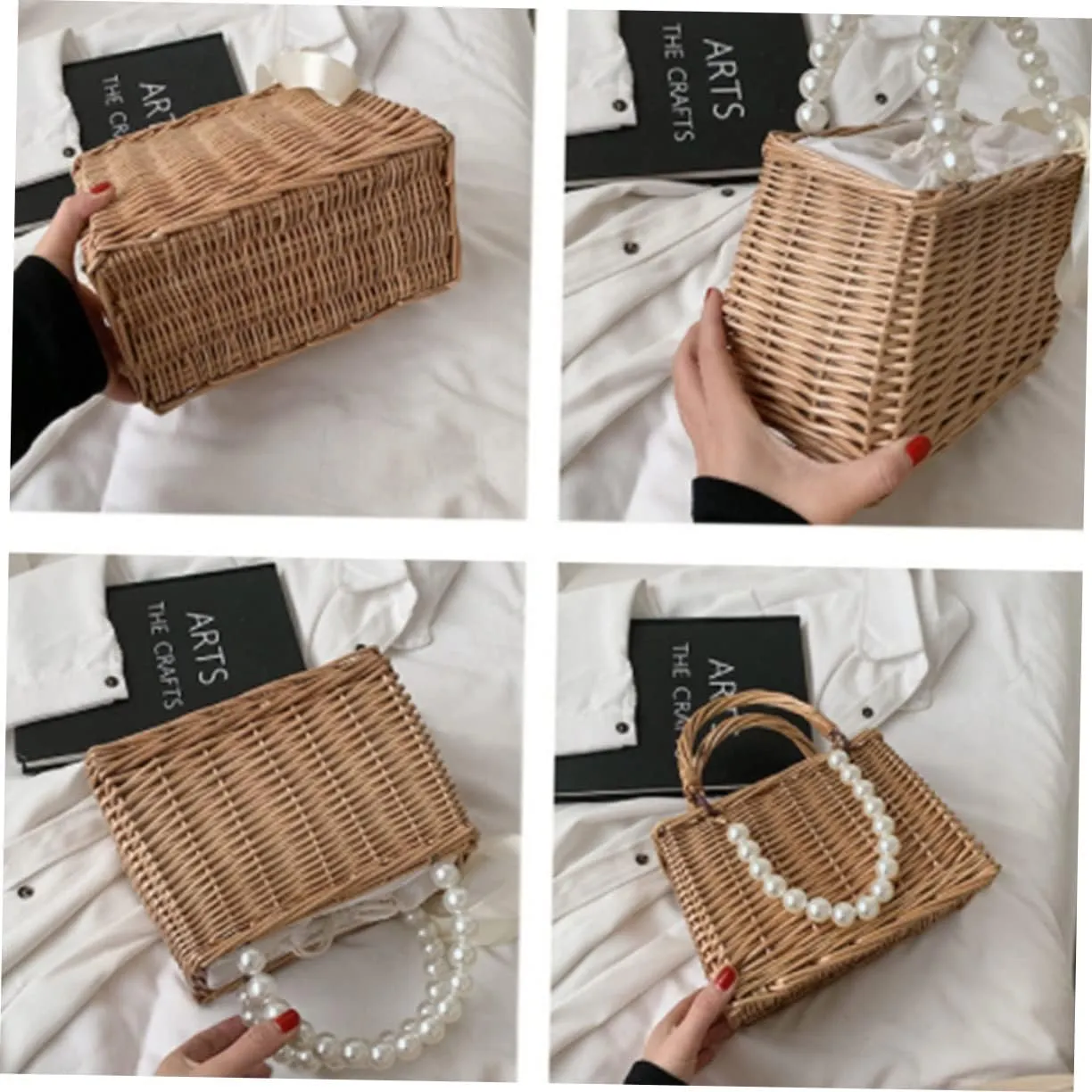 1pc Pearl Handbag Tote for Women Ladies Purses Basket Wicker Summer Basket Purse for Women Sash Bags for