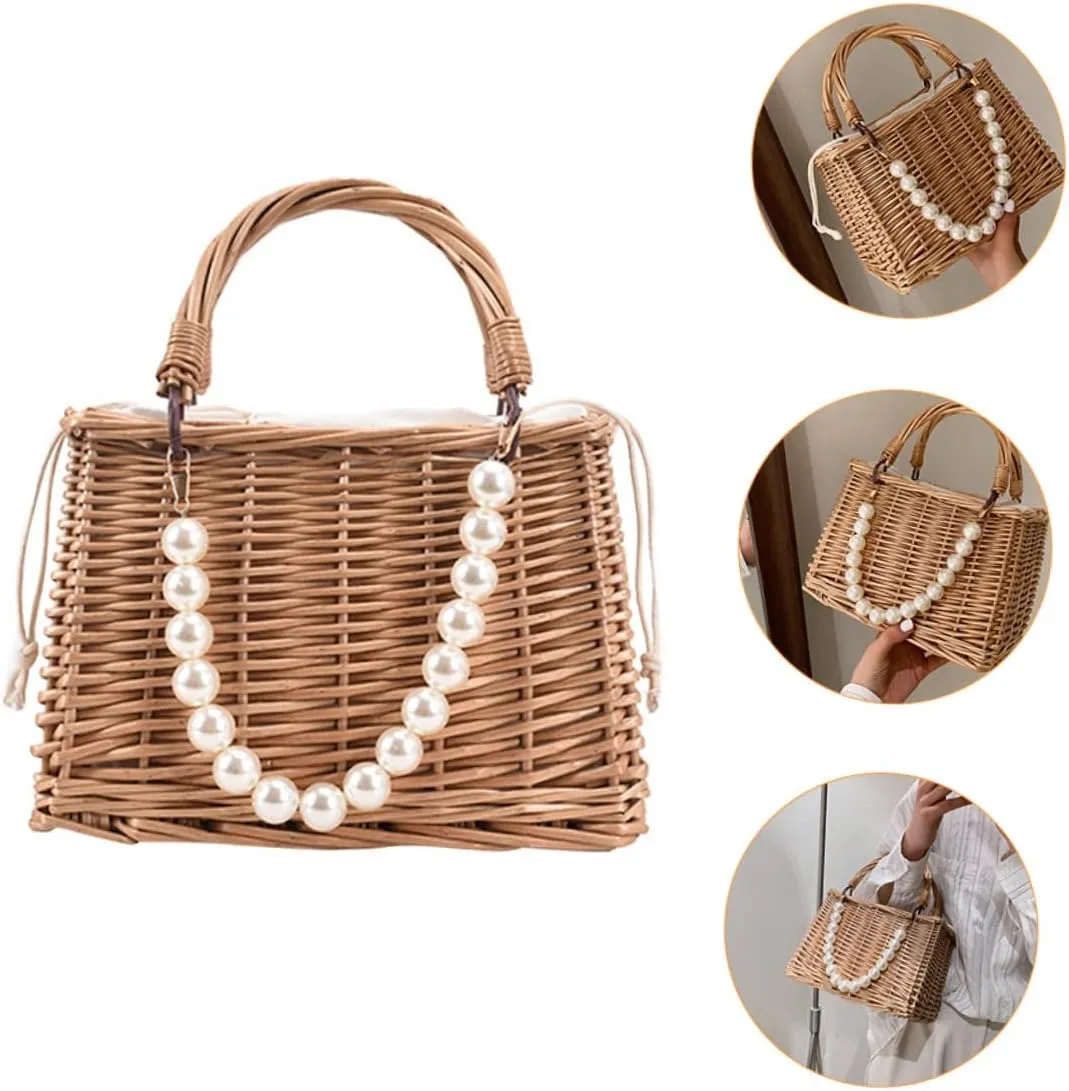 1pc Pearl Handbag Tote for Women Ladies Purses Basket Wicker Summer Basket Purse for Women Sash Bags for