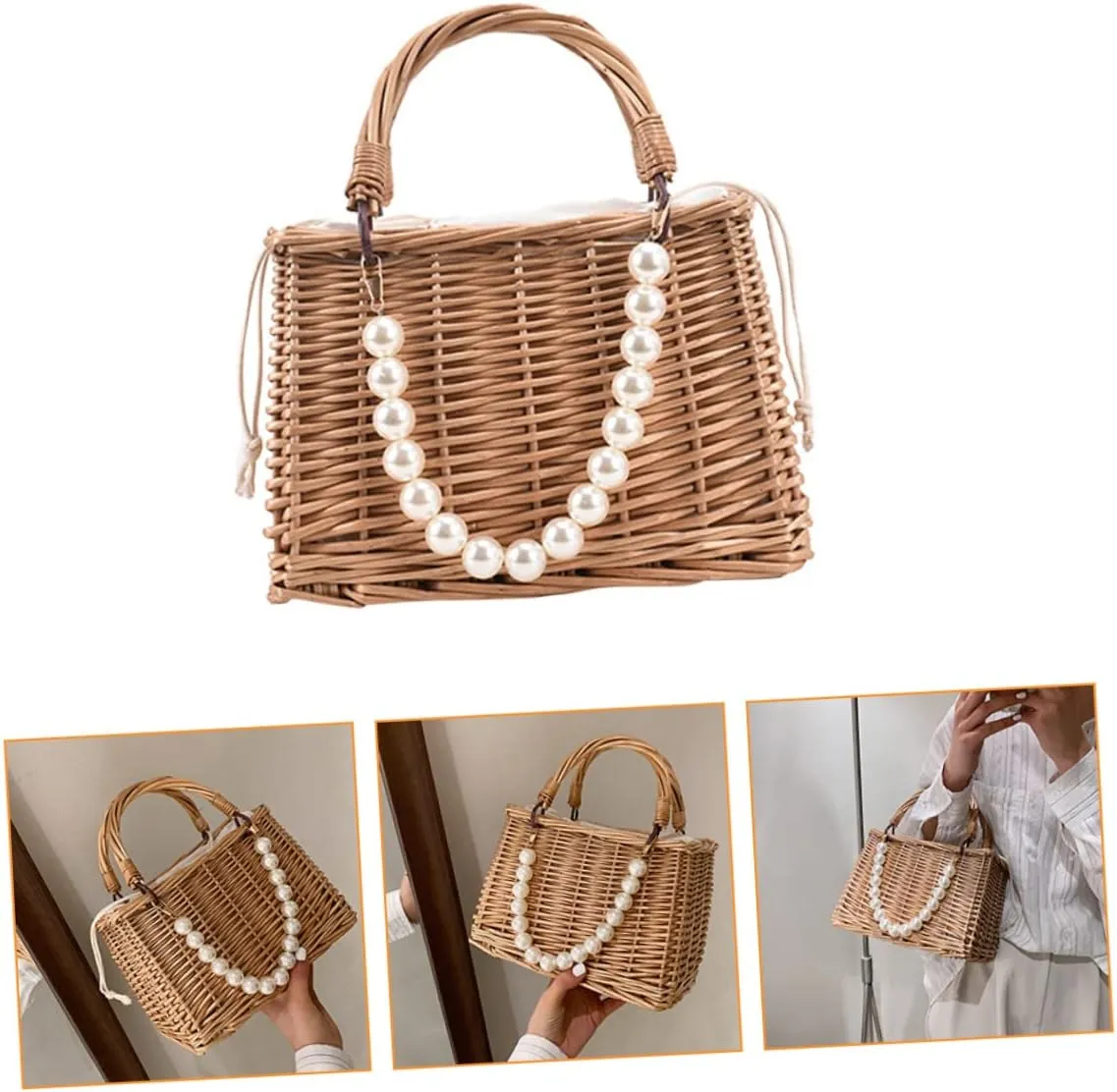 1pc Pearl Handbag Tote for Women Ladies Purses Basket Wicker Summer Basket Purse for Women Sash Bags for