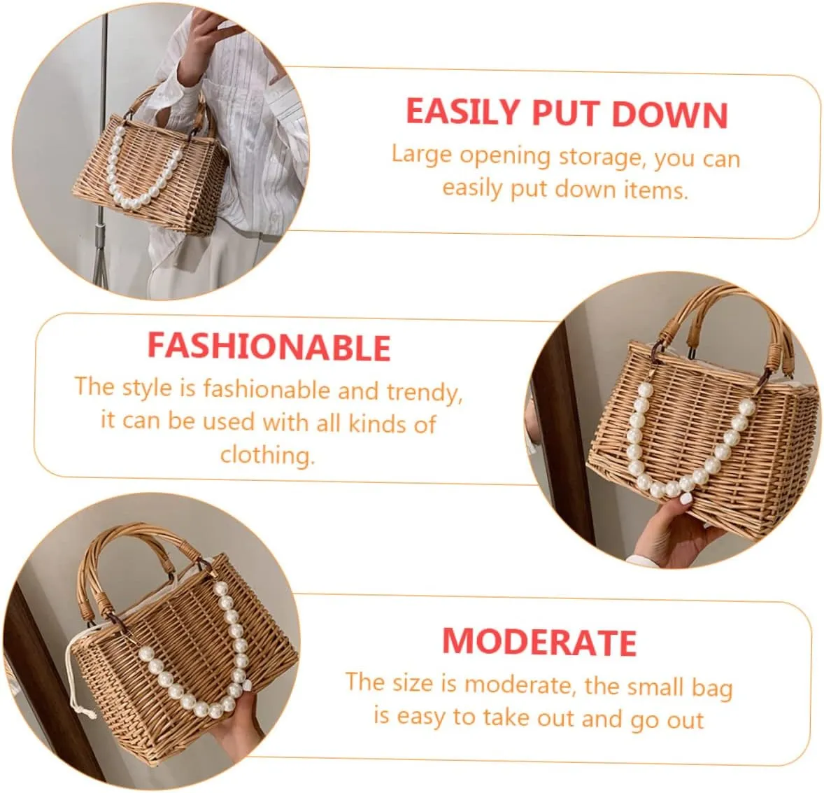 1pc Pearl Handbag Tote for Women Ladies Purses Basket Wicker Summer Basket Purse for Women Sash Bags for