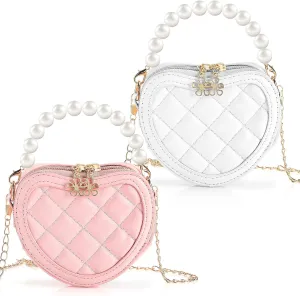 2 Pack Little Girl Purses Crossbody Purse Heart Shaped Purses for Kids Cute Toddler Girls Purse With Pearl Handle (Pink, White)