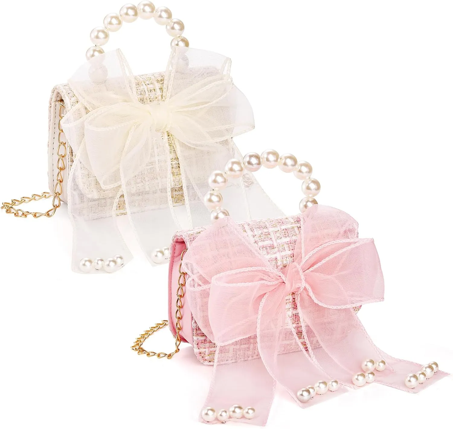 2 Pack Purse for Little Girls, Mini Toddler Crossbody Purse with Bowknot, Cute Fashion Princess Handbags with Pearl Handle, Detachable Gold Chain