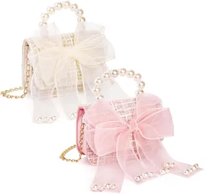 2 Pack Purse for Little Girls, Mini Toddler Crossbody Purse with Bowknot, Cute Fashion Princess Handbags with Pearl Handle, Detachable Gold Chain