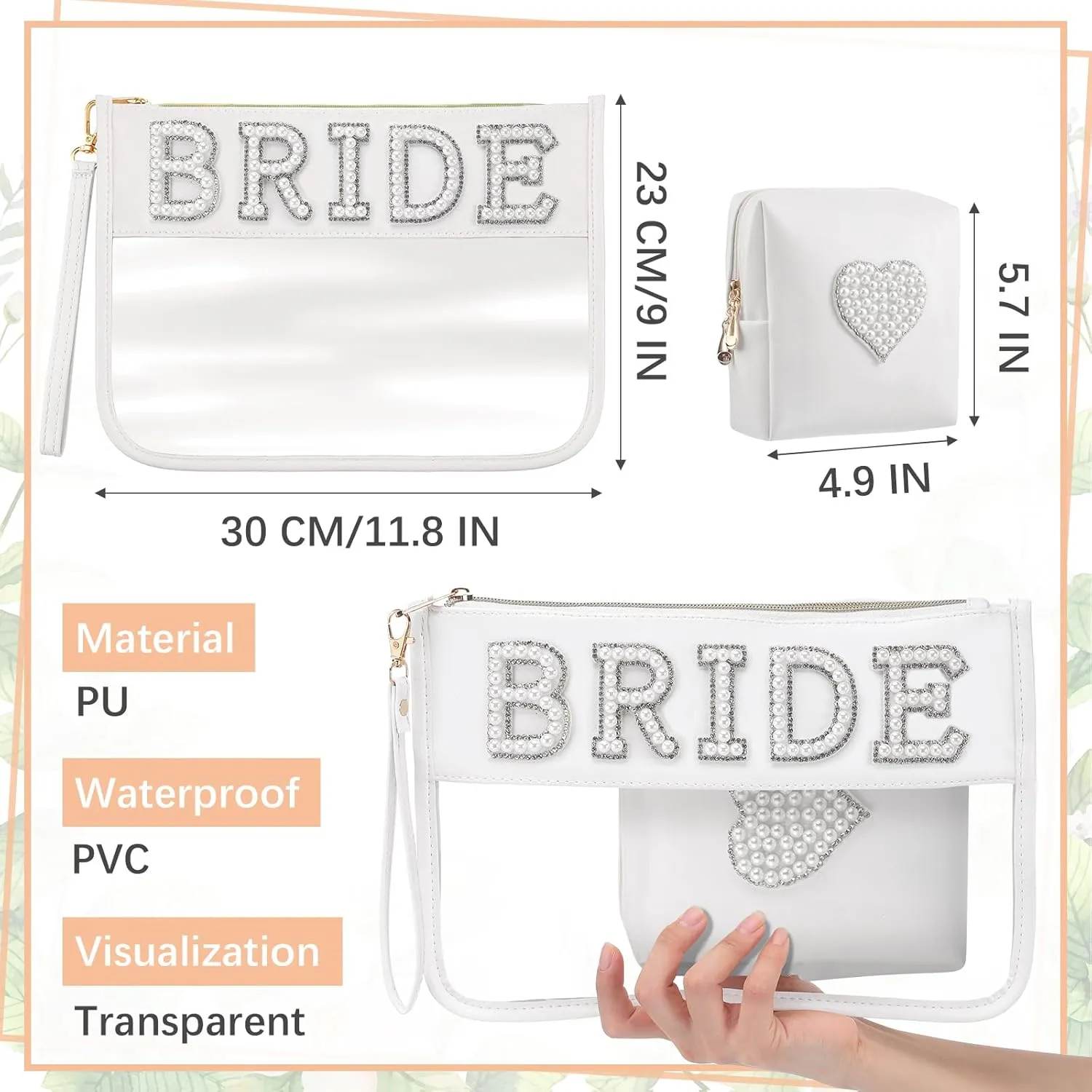 2 Pcs Bride Bag Makeup Bag Bride Gift Cosmetic Bag Pearl Letter Bags Portable PU Leather Mrs Clear Waterproof Bling Travel Purse Zipper Pouch Handy Coin Purses for Women(Bride)