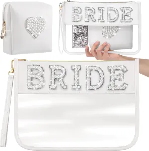 2 Pcs Bride Bag Makeup Bag Bride Gift Cosmetic Bag Pearl Letter Bags Portable PU Leather Mrs Clear Waterproof Bling Travel Purse Zipper Pouch Handy Coin Purses for Women(Bride)
