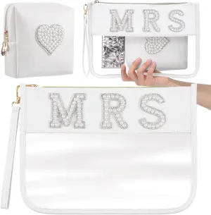 2 Pcs Bride Bag Makeup Bag Bride Gift Cosmetic Bag Pearl Letter Bags Portable PU Leather Mrs Clear Waterproof Bling Travel Purse Zipper Pouch Handy Coin Purses for Women(Mrs)