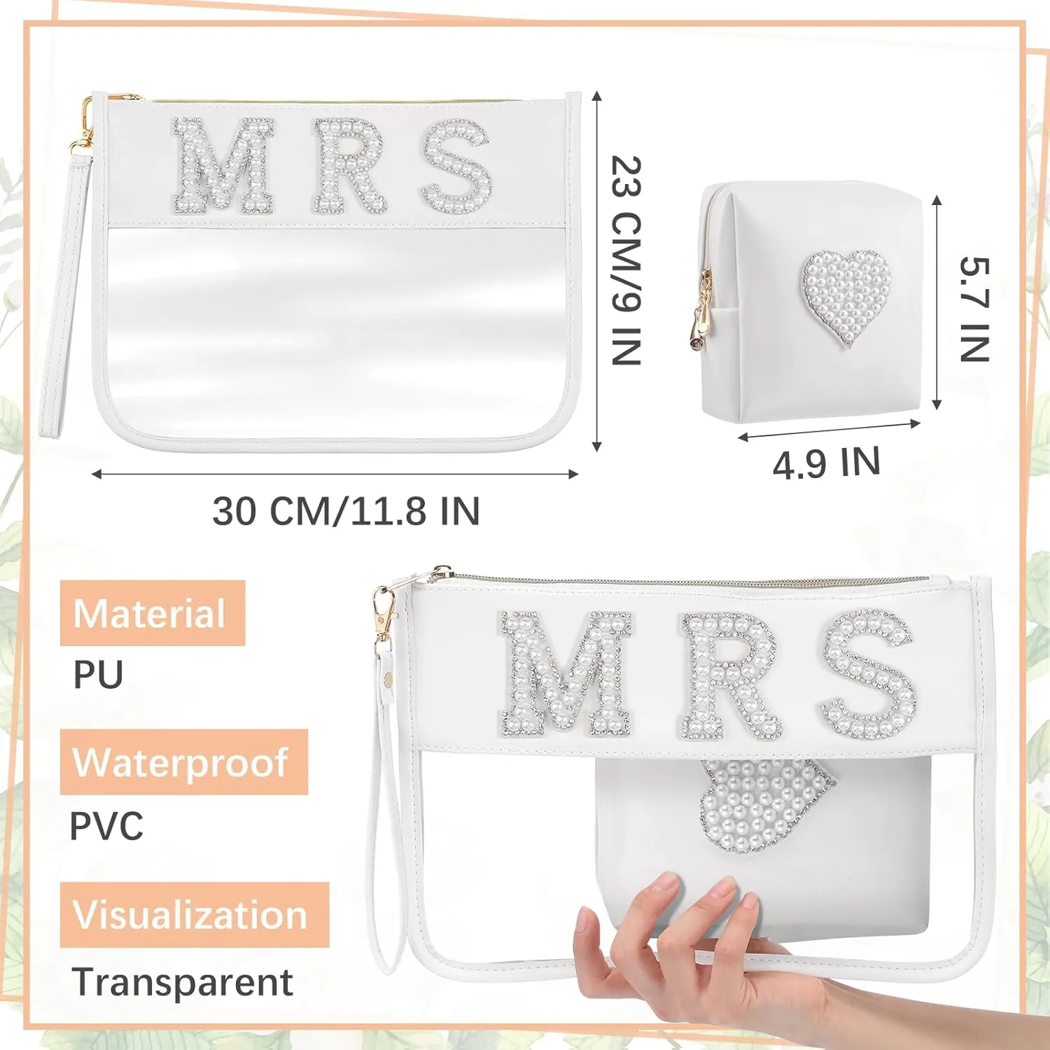 2 Pcs Bride Bag Makeup Bag Bride Gift Cosmetic Bag Pearl Letter Bags Portable PU Leather Mrs Clear Waterproof Bling Travel Purse Zipper Pouch Handy Coin Purses for Women(Mrs)