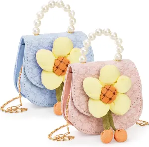 2 Pcs Kids Purse for Little Girls, Flower Mini Shoulder Handbag with Pearl Handle, Children Toddler Crossbody Bag with Chain Strap, PU Leather Small Princess Wallet Purse Gift for Easter Girls