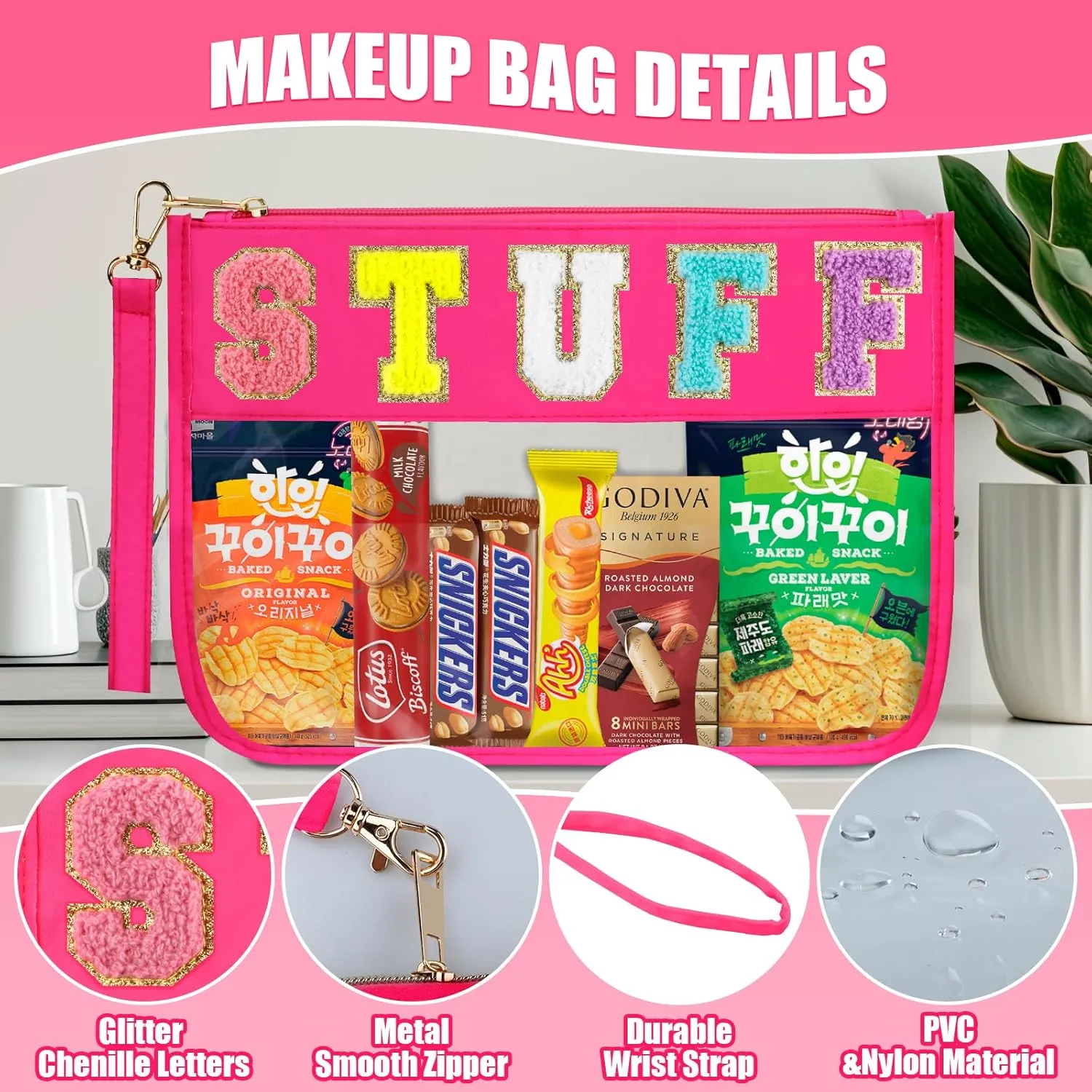 2 Pcs Stuff Bag Cosmetic Makeup Bag with Chenille Letter Patch, Clear Pouch PVC Organizer Purse, Waterproof Travel Bag, Portable Toiletry Storage Bag for Her Girls Friends Women