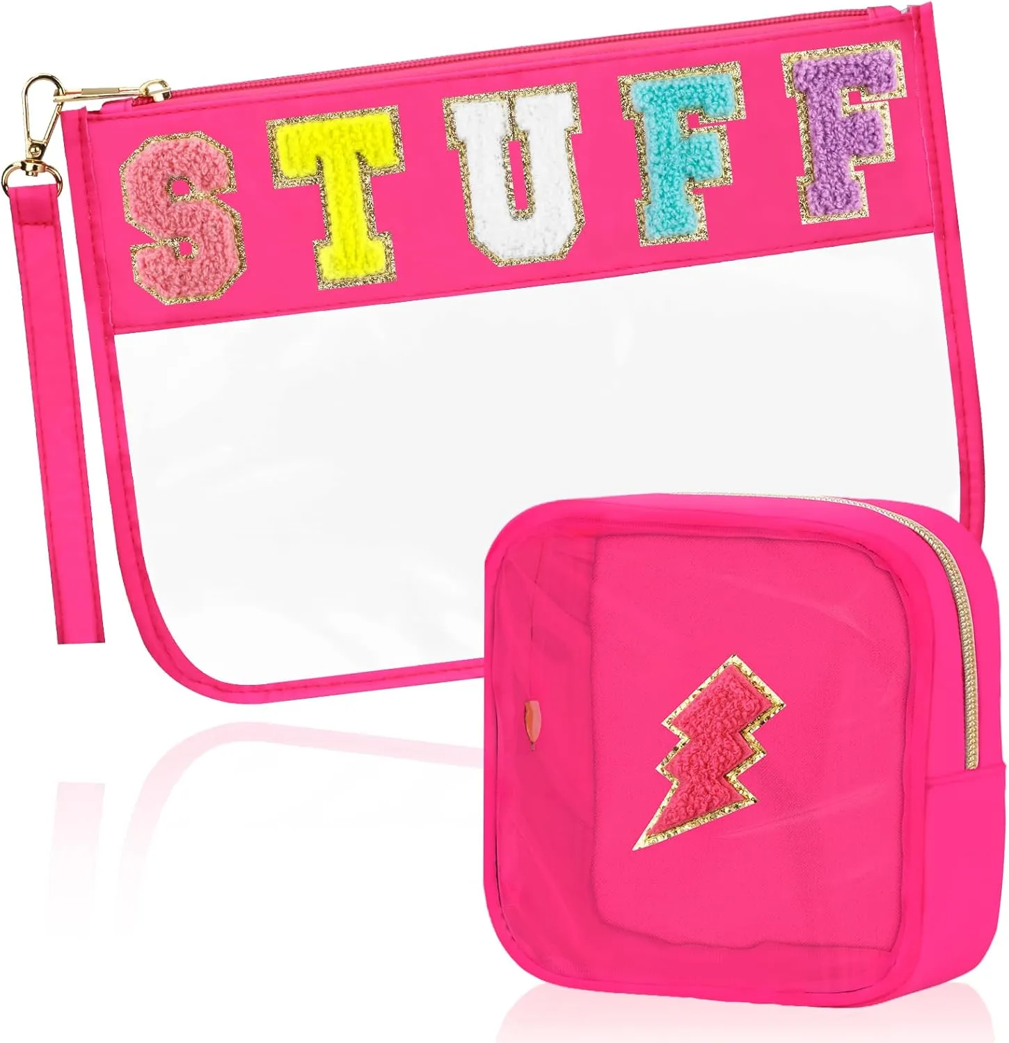 2 Pcs Stuff Bag Cosmetic Makeup Bag with Chenille Letter Patch, Clear Pouch PVC Organizer Purse, Waterproof Travel Bag, Portable Toiletry Storage Bag for Her Girls Friends Women