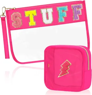2 Pcs Stuff Bag Cosmetic Makeup Bag with Chenille Letter Patch, Clear Pouch PVC Organizer Purse, Waterproof Travel Bag, Portable Toiletry Storage Bag for Her Girls Friends Women