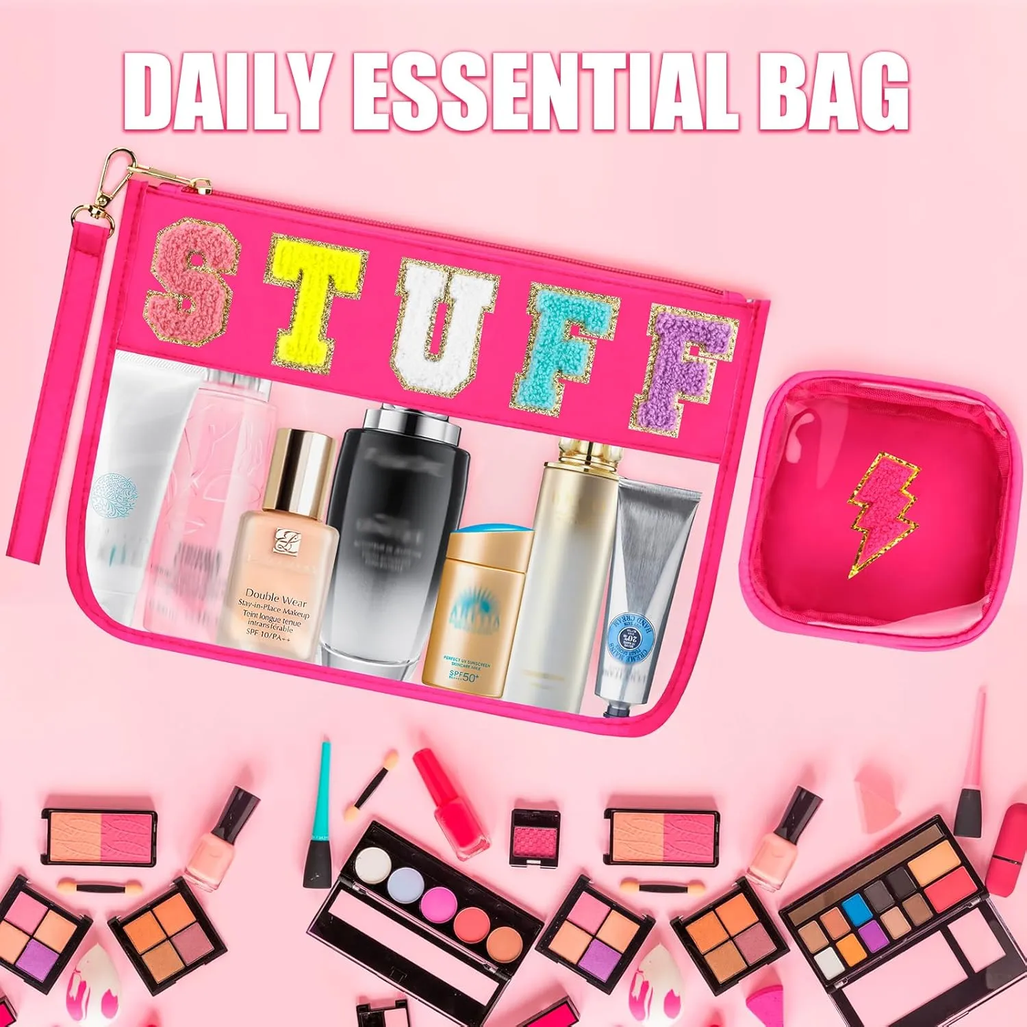 2 Pcs Stuff Bag Cosmetic Makeup Bag with Chenille Letter Patch, Clear Pouch PVC Organizer Purse, Waterproof Travel Bag, Portable Toiletry Storage Bag for Her Girls Friends Women