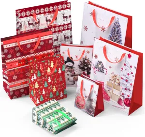 24 PCS Gift Bags for Christmas Wrapping, Holiday Bags with Festive Snowman, Reindeer, Snowflake and Christmas Stocking/Cane/Tree/Gin Design – Hot Stamping Foil Bulk Set,6 X-L,6 Large,6 Medium,6 Small