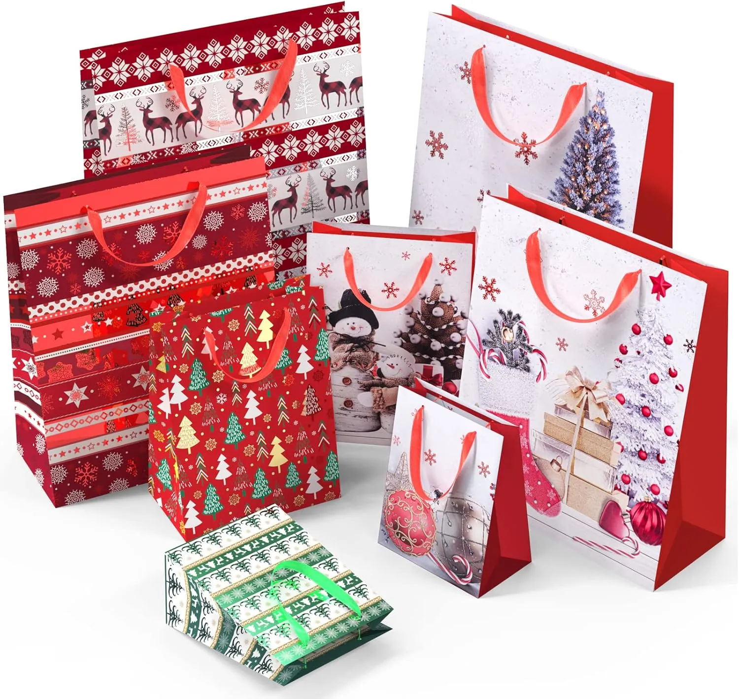 24 PCS Gift Bags for Christmas Wrapping, Holiday Bags with Festive Snowman, Reindeer, Snowflake and Christmas Stocking/Cane/Tree/Gin Design – Hot Stamping Foil Bulk Set,6 X-L,6 Large,6 Medium,6 Small