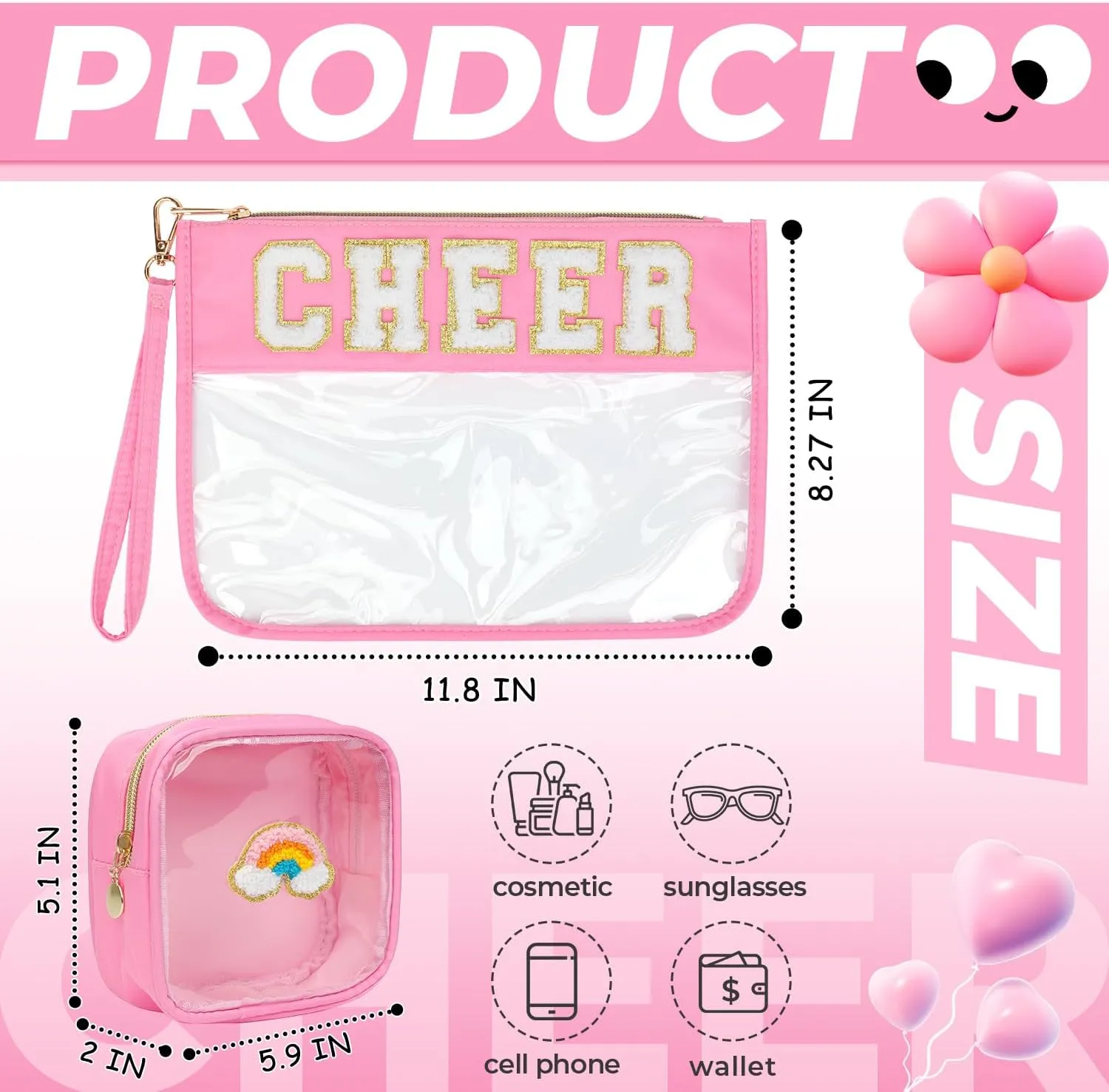 2Pcs Clear Cheer Bag Chenille Varsity Letter Makeup Bag Preppy Patch Pouch Waterproof PVC Toiletry Organizer Flat Travel Cosmetic Bag Cheerleader Gifts for Women(Cheer-Pink)