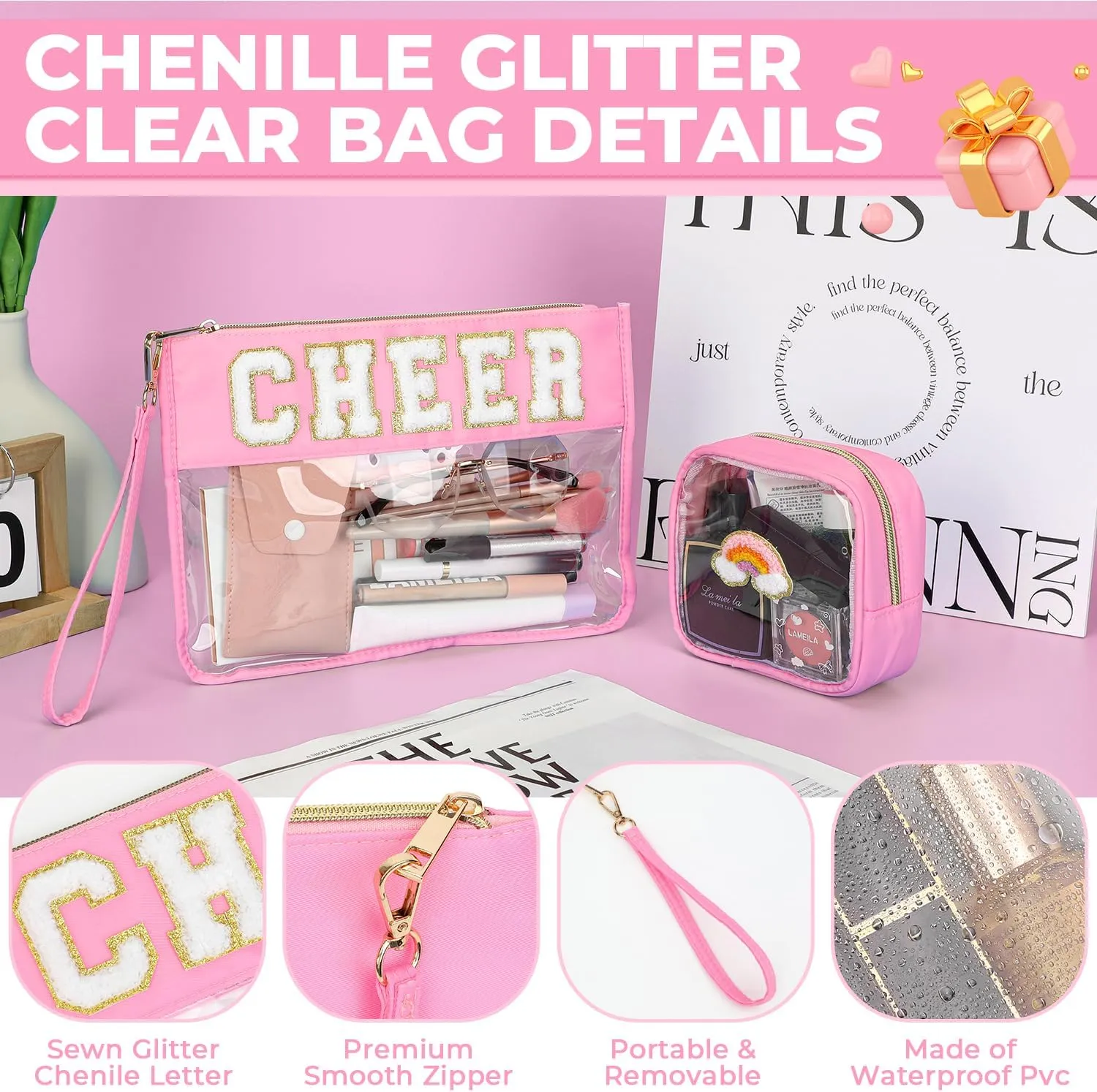 2Pcs Clear Cheer Bag Chenille Varsity Letter Makeup Bag Preppy Patch Pouch Waterproof PVC Toiletry Organizer Flat Travel Cosmetic Bag Cheerleader Gifts for Women(Cheer-Pink)