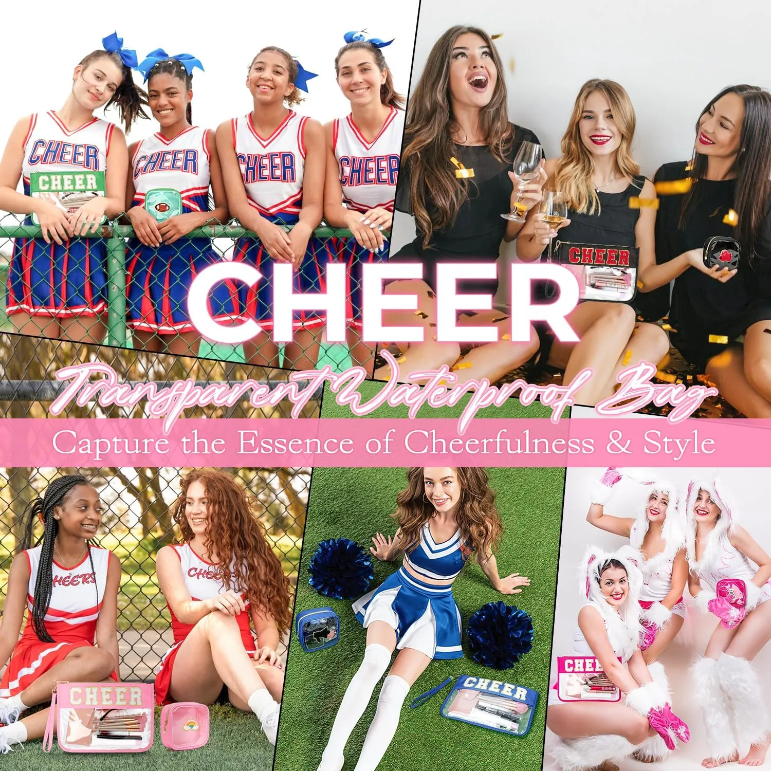2Pcs Clear Cheer Bag Chenille Varsity Letter Makeup Bag Preppy Patch Pouch Waterproof PVC Toiletry Organizer Flat Travel Cosmetic Bag Cheerleader Gifts for Women(Cheer-Pink)