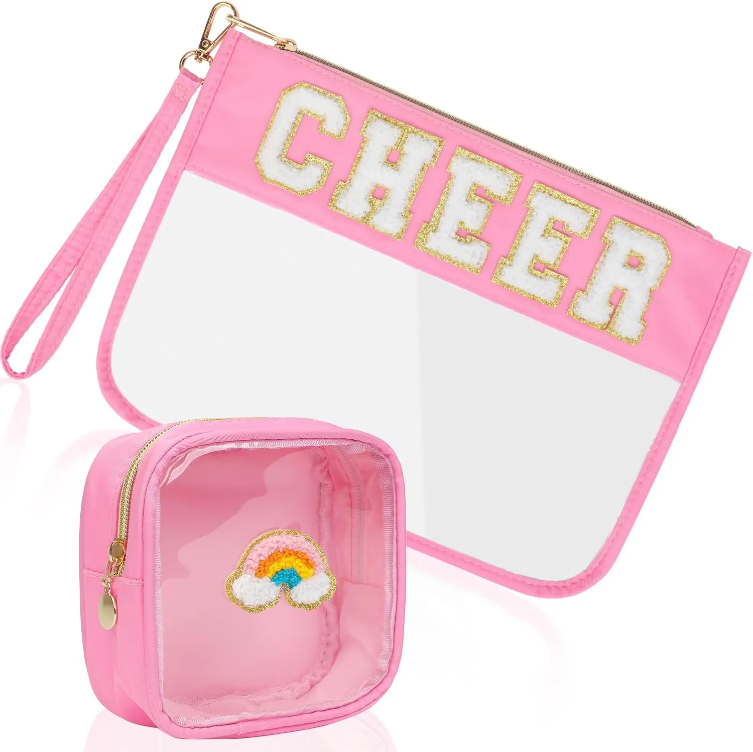 2Pcs Clear Cheer Bag Chenille Varsity Letter Makeup Bag Preppy Patch Pouch Waterproof PVC Toiletry Organizer Flat Travel Cosmetic Bag Cheerleader Gifts for Women(Cheer-Pink)