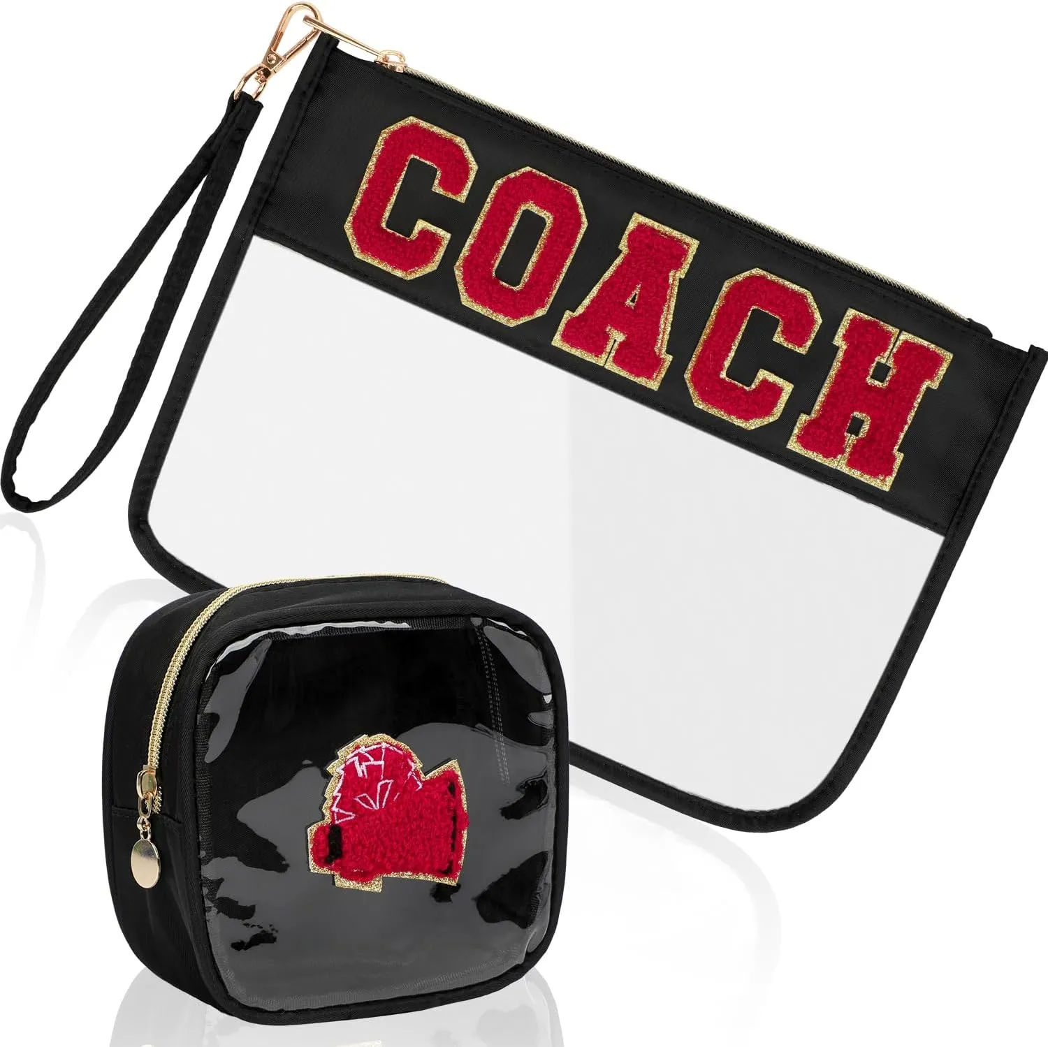 2Pcs Clear Chenille Varsity Letter Makeup Bag Preppy Patch Pouch Waterproof PVC Toiletry Organizer Flat Travel Cosmetic Bag Cheerleading Coach Gifts for Women (Black)