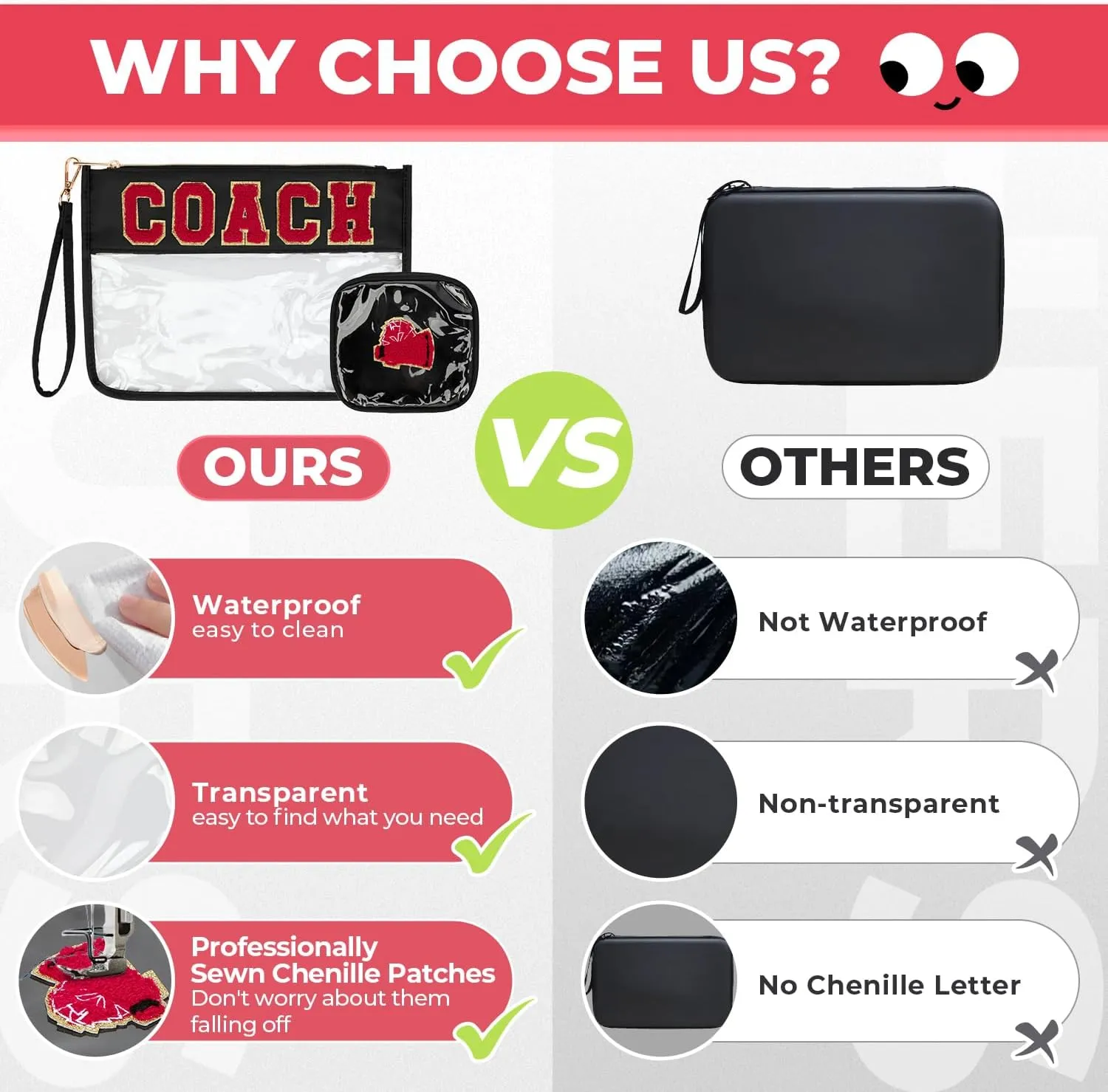 2Pcs Clear Chenille Varsity Letter Makeup Bag Preppy Patch Pouch Waterproof PVC Toiletry Organizer Flat Travel Cosmetic Bag Cheerleading Coach Gifts for Women (Black)