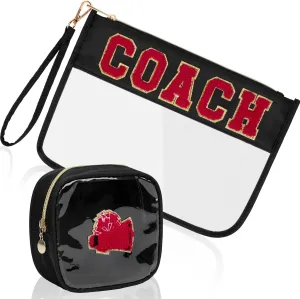 2Pcs Clear Chenille Varsity Letter Makeup Bag Preppy Patch Pouch Waterproof PVC Toiletry Organizer Flat Travel Cosmetic Bag Cheerleading Coach Gifts for Women (Black)