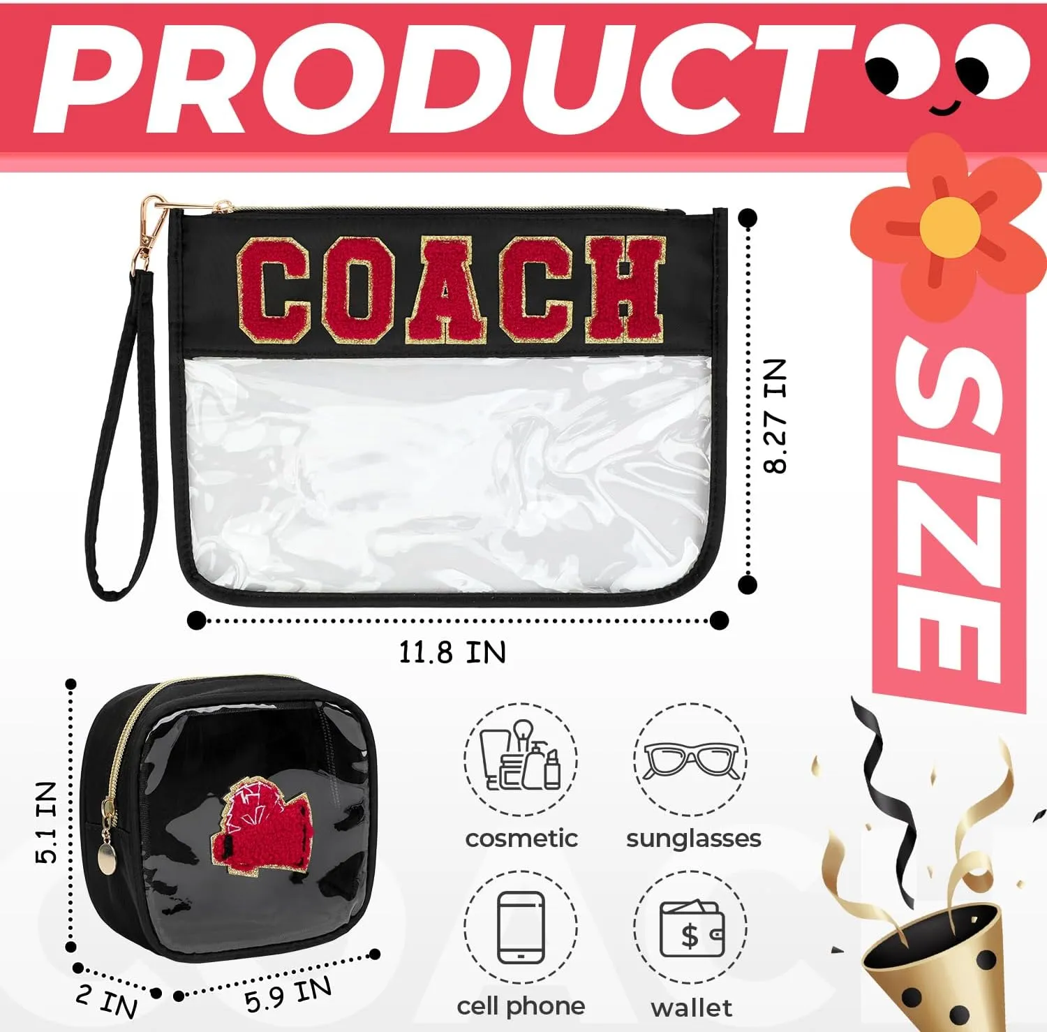 2Pcs Clear Chenille Varsity Letter Makeup Bag Preppy Patch Pouch Waterproof PVC Toiletry Organizer Flat Travel Cosmetic Bag Cheerleading Coach Gifts for Women (Black)