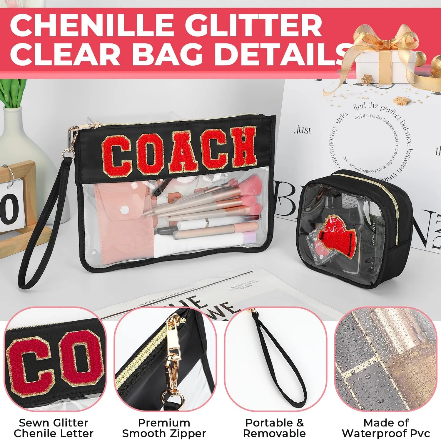 2Pcs Clear Chenille Varsity Letter Makeup Bag Preppy Patch Pouch Waterproof PVC Toiletry Organizer Flat Travel Cosmetic Bag Cheerleading Coach Gifts for Women (Black)