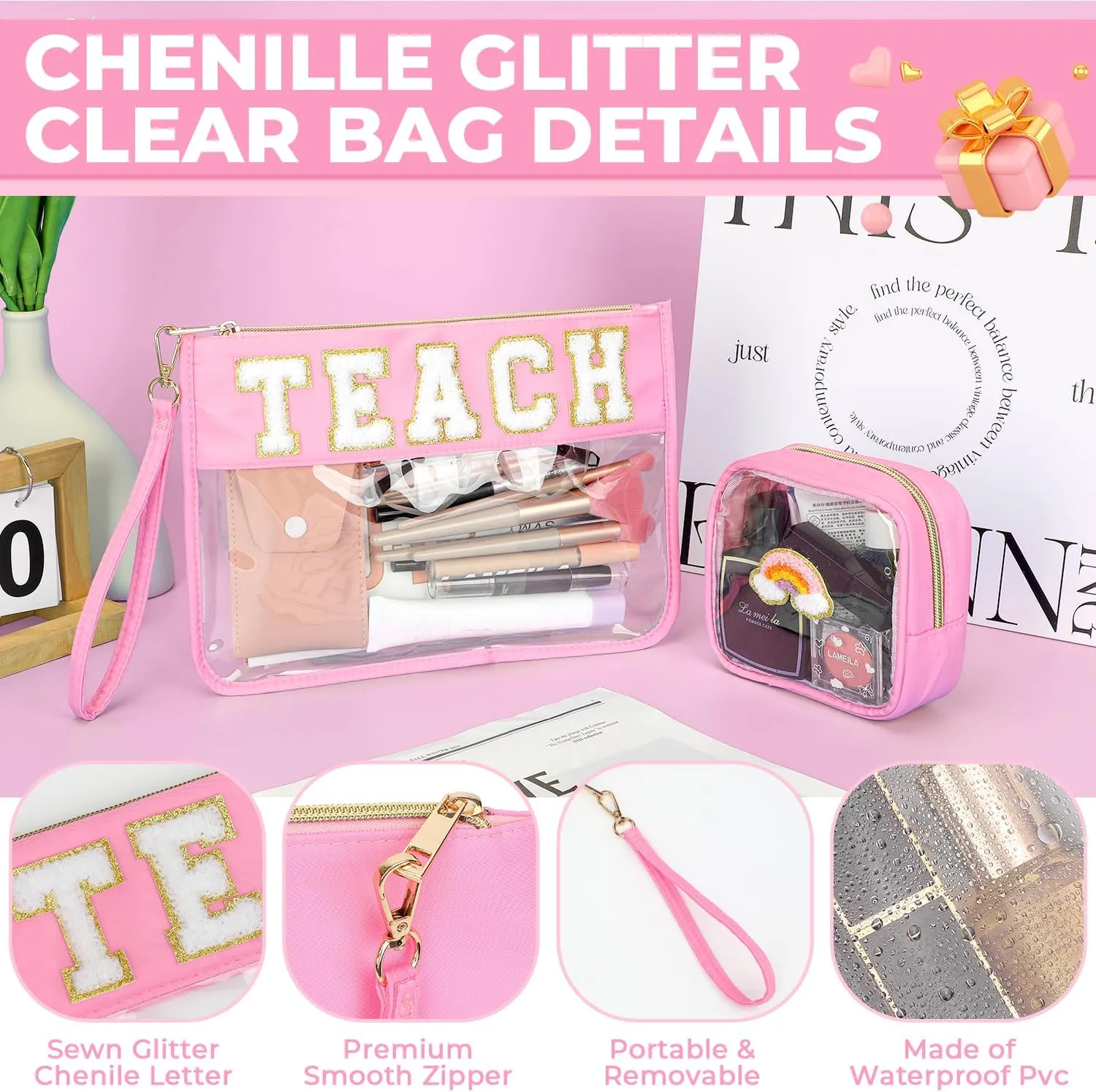2Pcs Clear Teach Bag Chenille Varsity Letter Makeup Bag Preppy Patch Pouch Waterproof PVC Toiletry Organizer Flat Travel Cosmetic Bag Graduation Teacher Appreciation Gift for Women(Teach-Pink)