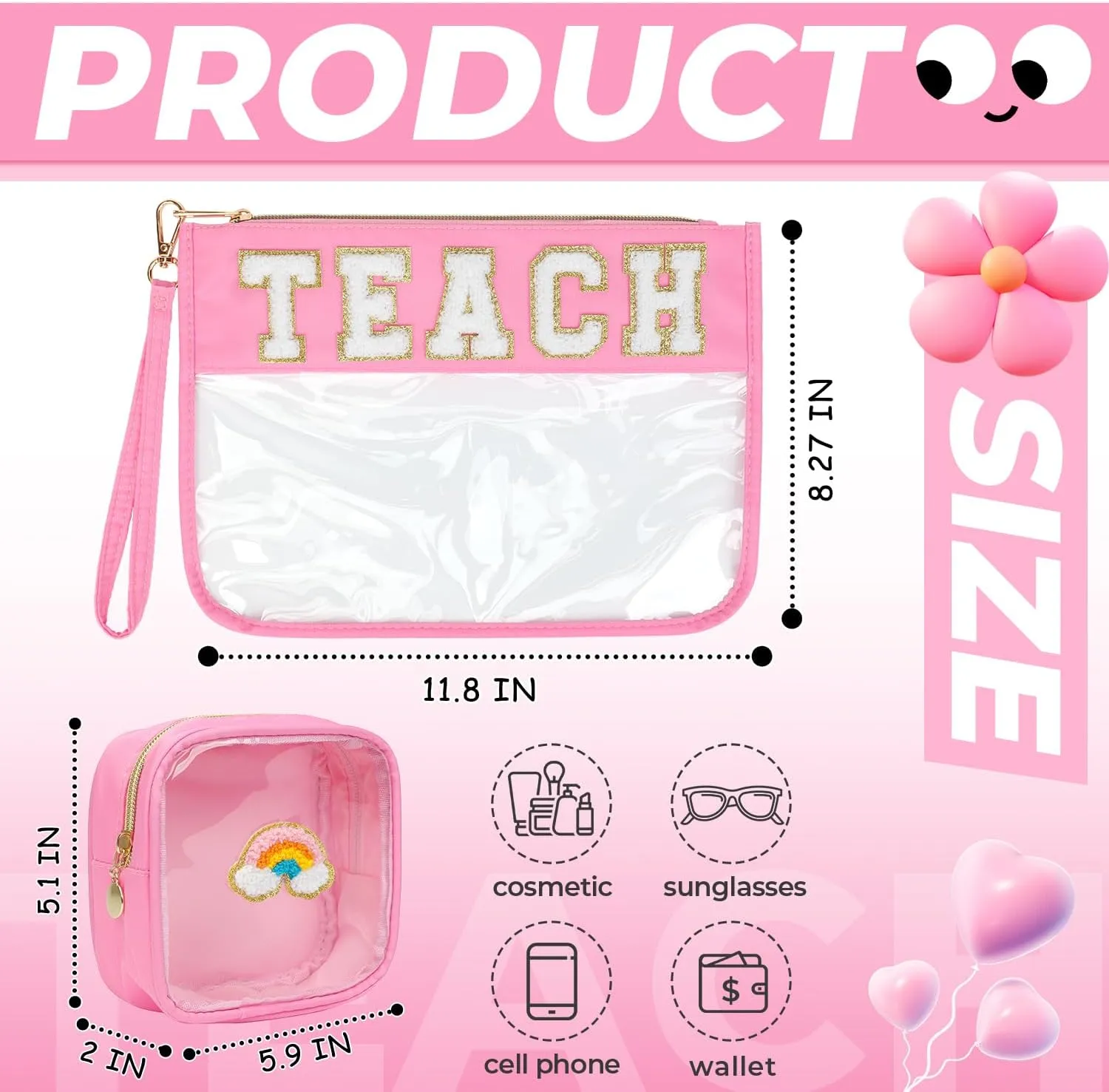 2Pcs Clear Teach Bag Chenille Varsity Letter Makeup Bag Preppy Patch Pouch Waterproof PVC Toiletry Organizer Flat Travel Cosmetic Bag Graduation Teacher Appreciation Gift for Women(Teach-Pink)