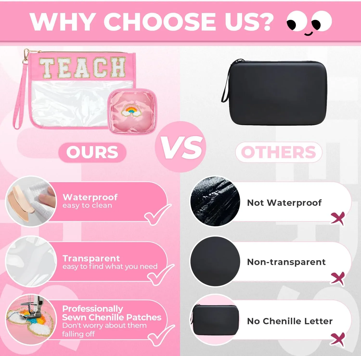 2Pcs Clear Teach Bag Chenille Varsity Letter Makeup Bag Preppy Patch Pouch Waterproof PVC Toiletry Organizer Flat Travel Cosmetic Bag Graduation Teacher Appreciation Gift for Women(Teach-Pink)