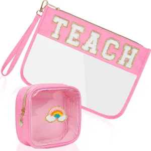 2Pcs Clear Teach Bag Chenille Varsity Letter Makeup Bag Preppy Patch Pouch Waterproof PVC Toiletry Organizer Flat Travel Cosmetic Bag Graduation Teacher Appreciation Gift for Women(Teach-Pink)