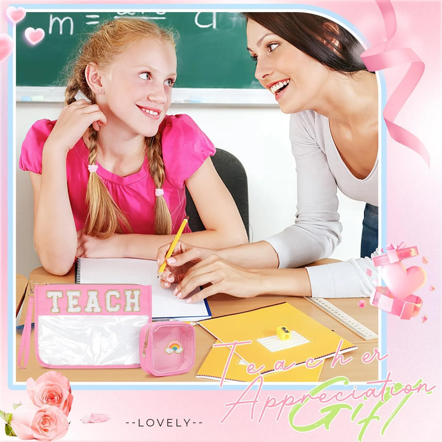 2Pcs Clear Teach Bag Chenille Varsity Letter Makeup Bag Preppy Patch Pouch Waterproof PVC Toiletry Organizer Flat Travel Cosmetic Bag Graduation Teacher Appreciation Gift for Women(Teach-Pink)