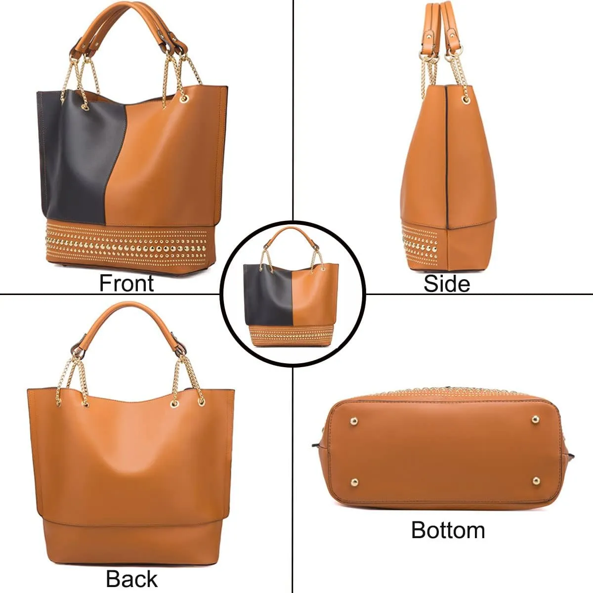 3-Pc Purses and Handbags for Women Fashion Ladies PU Leather Top Handle Rivet Satchel Shoulder Tote Bags