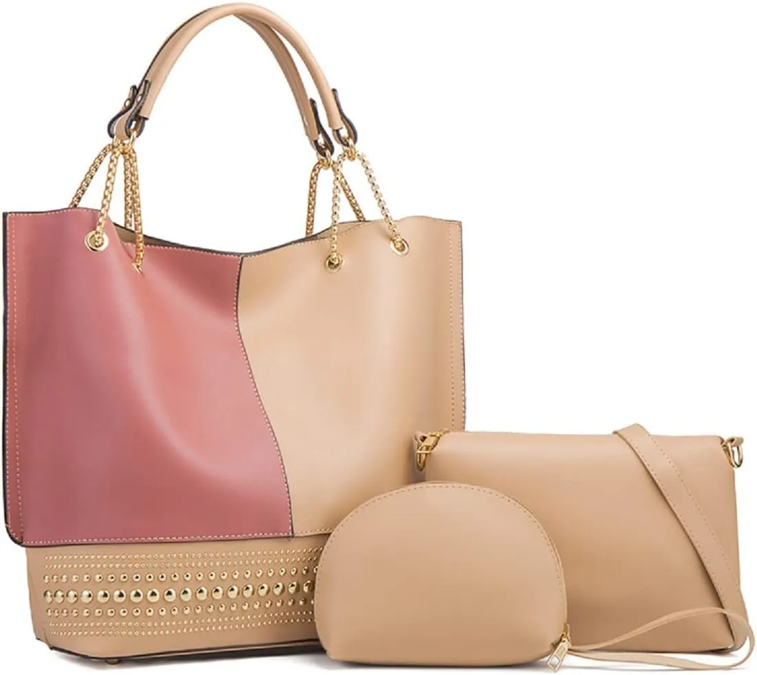 3-Pc Purses and Handbags for Women Fashion Ladies PU Leather Top Handle Rivet Satchel Shoulder Tote Bags