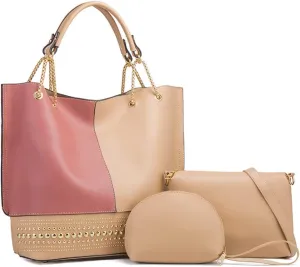 3-Pc Purses and Handbags for Women Fashion Ladies PU Leather Top Handle Rivet Satchel Shoulder Tote Bags
