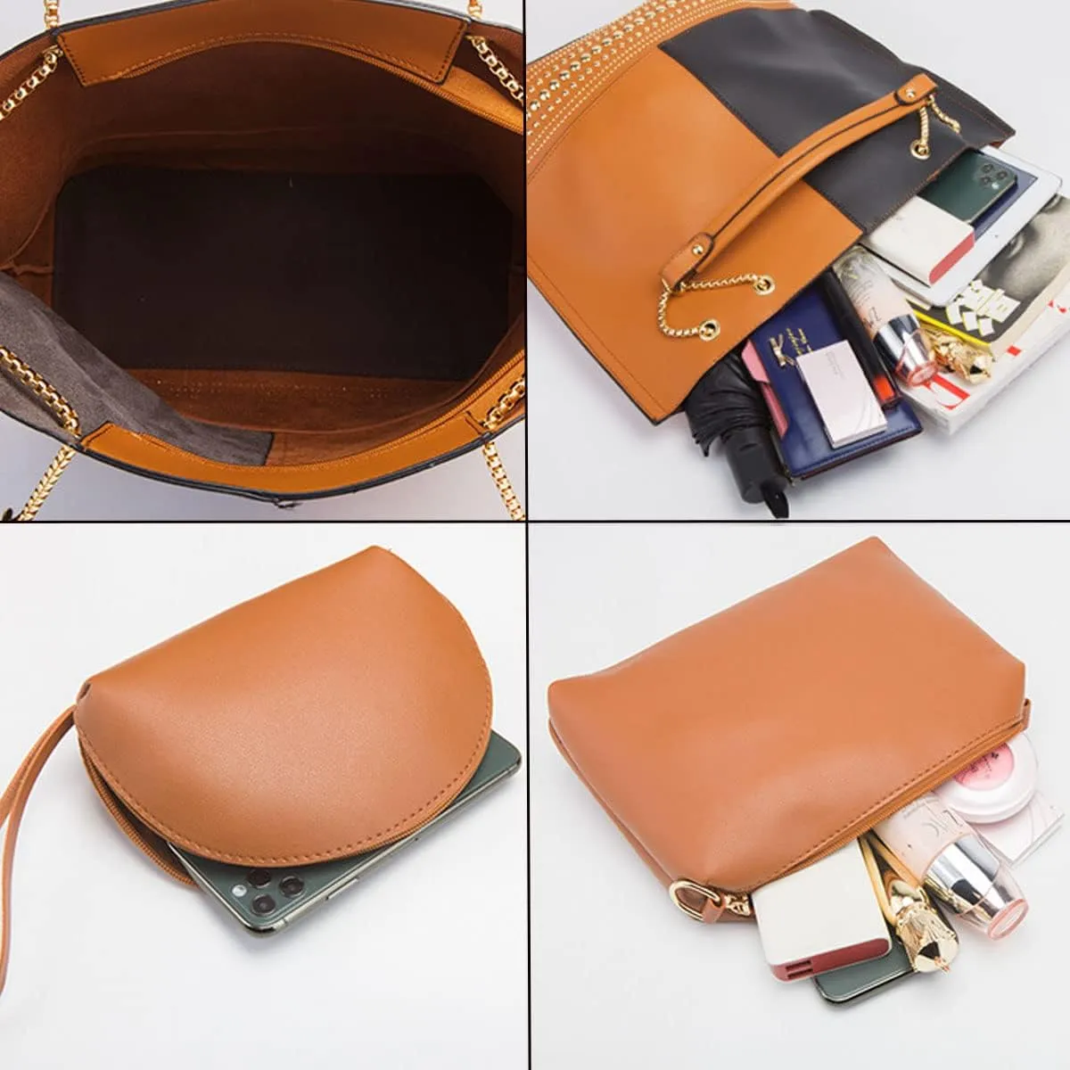3-Pc Purses and Handbags for Women Fashion Ladies PU Leather Top Handle Rivet Satchel Shoulder Tote Bags